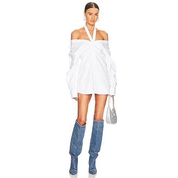 Alexander Wang 100% Cotton White Halter Off Shoulder Shirt Mini Dress Size 0 - Picture 1 of 10
